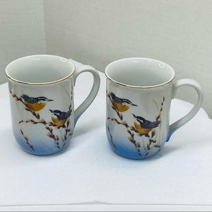 Otagiri Japan Coffee Tea Mug Cup Birds on branch Gibson Design Blue White Set/2